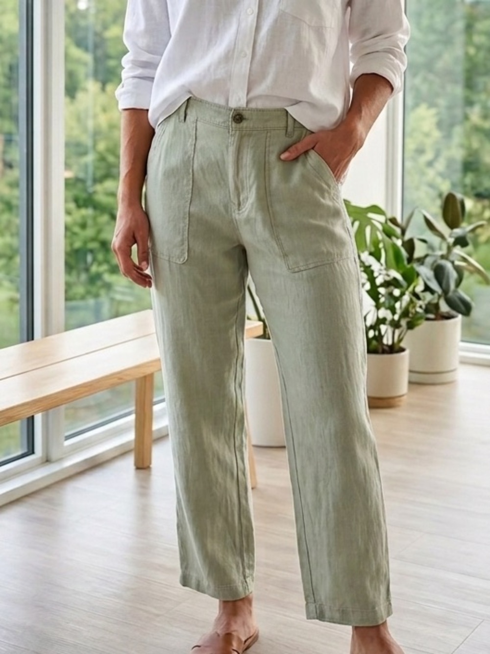 MWT Nicole Miller pull on sage green straight leg 100% linen pants size small